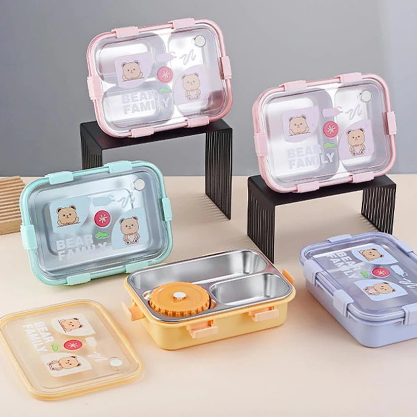 Personalized Stainless Steel Bear Family Bento Lunch Box (3 Grid) With Bowl for Kids - Memories InsiteBEAR FAMILY LUNCH BOX-1 PINK